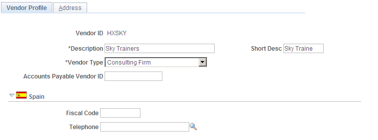 Vendor Profile page (1 of 2)