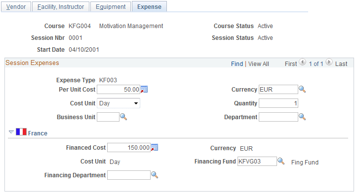 Course Session Costs - Expense page