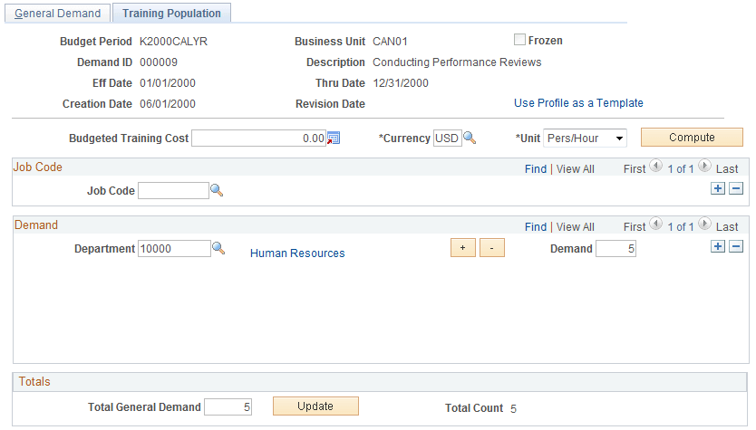 General Demand - Training Population page