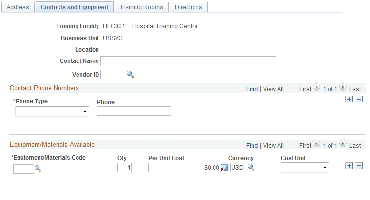 Contacts and Equipment page