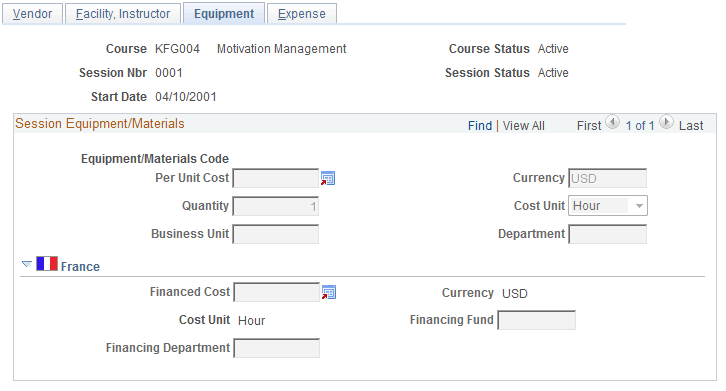 Course Session Costs - Equipment page