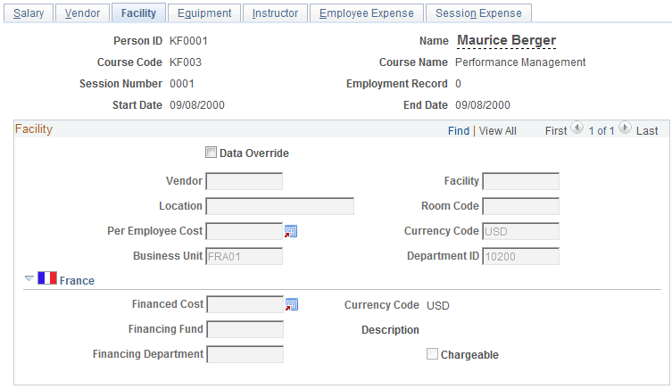 Maintain Student Costs - Facility page