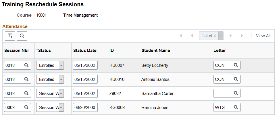Training Reschedule Sessions page