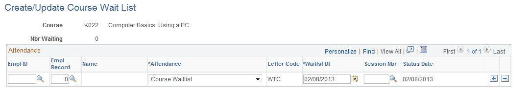 Create/Update Course Wait List page
