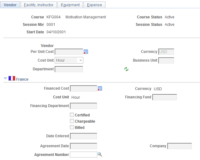Course Session Costs - Vendor page
