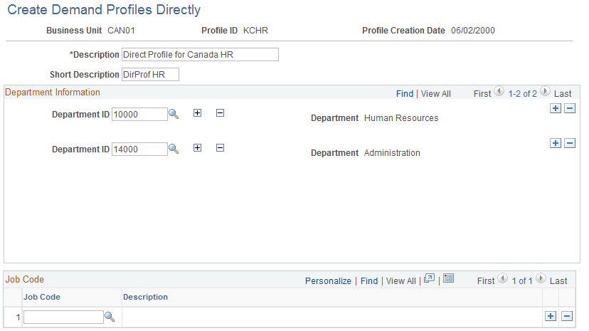Example page using department tree to add departments to a demand profile