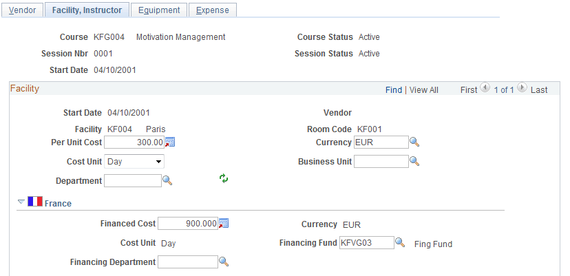 Course Session Costs - Facility, Instructor page (1 of 2)