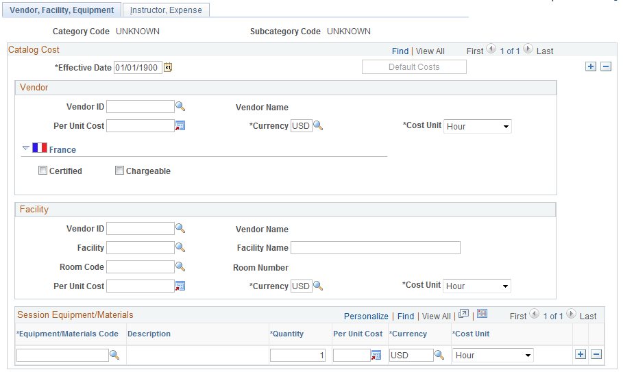 Define Training Costs - Vendor, Facility, Equipment page