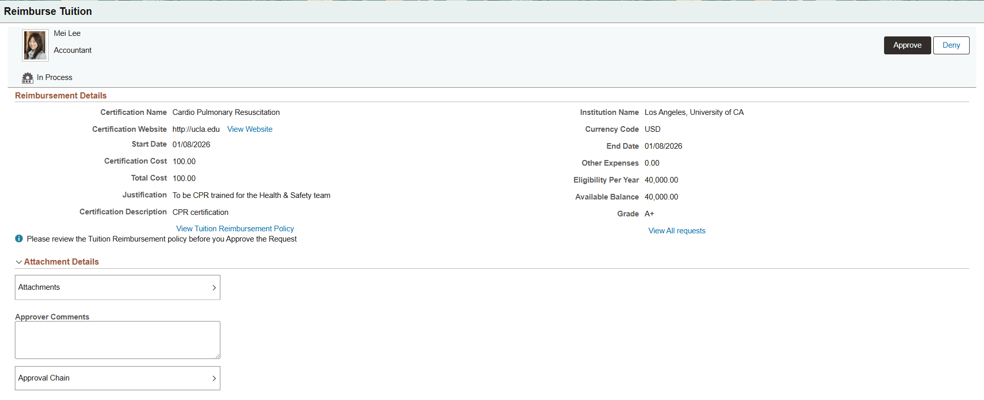 Pending Approvals - Reimburse Tuition page