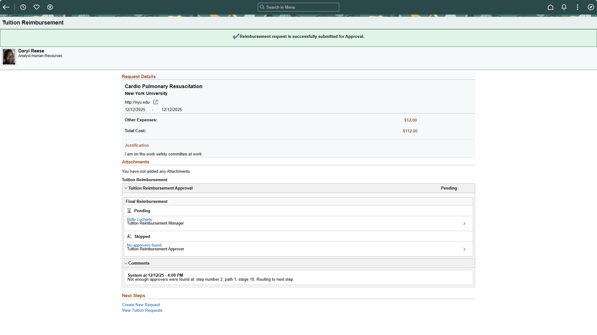 Tuition Reimbursement (Confirmation) page