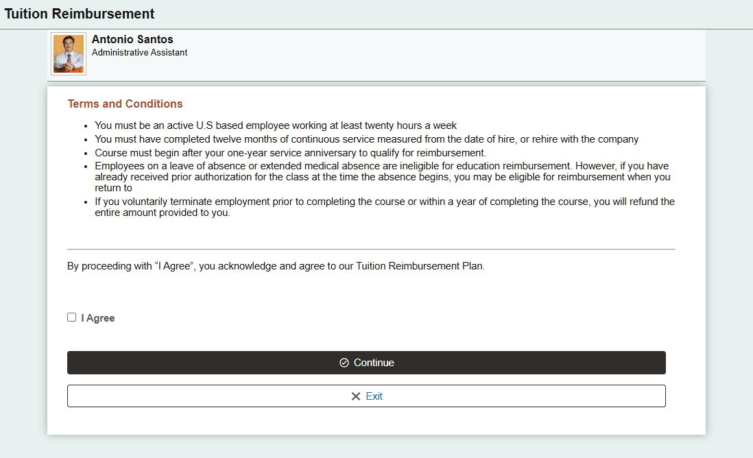 Tuition Reimbursement (Acknowledgement) page