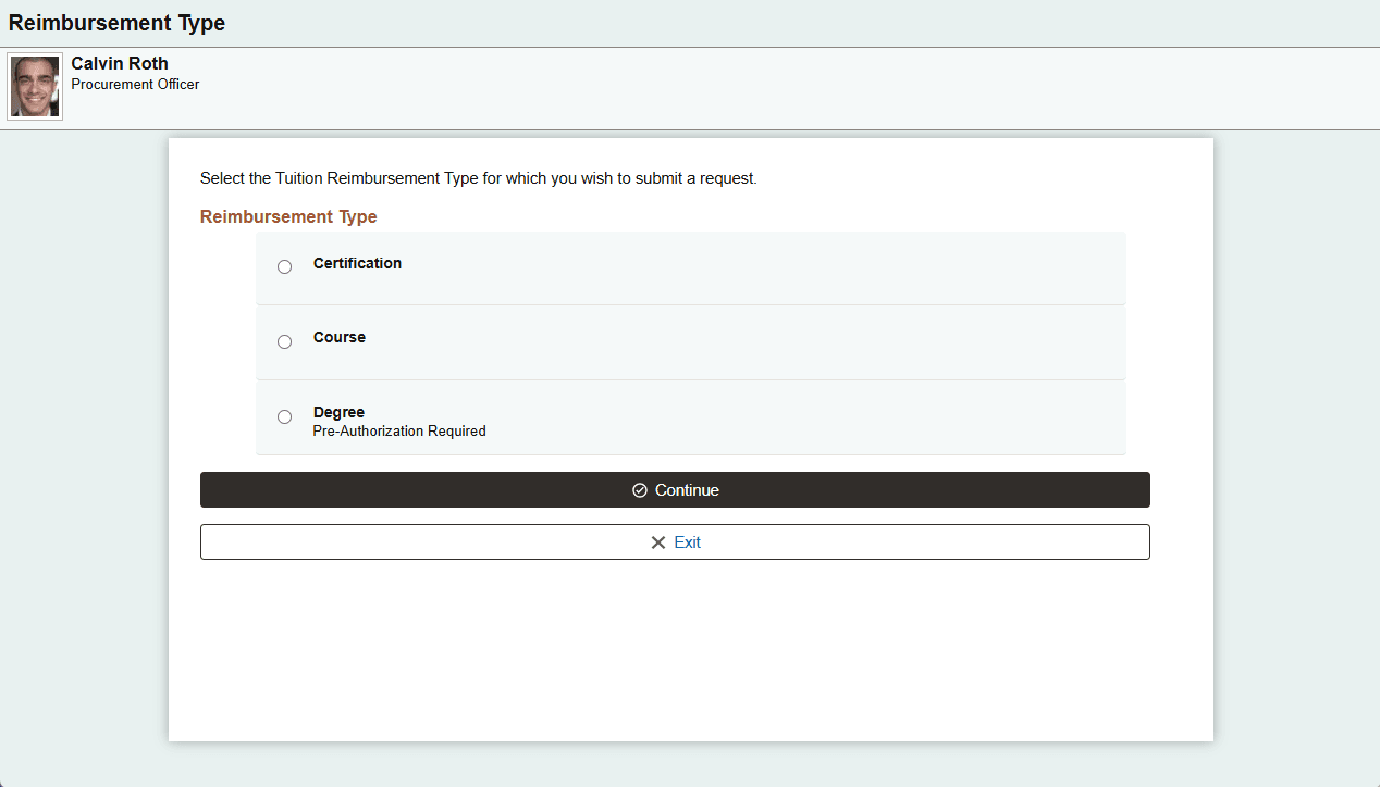 Tuition Reimbursement (Reimbursement Type) page