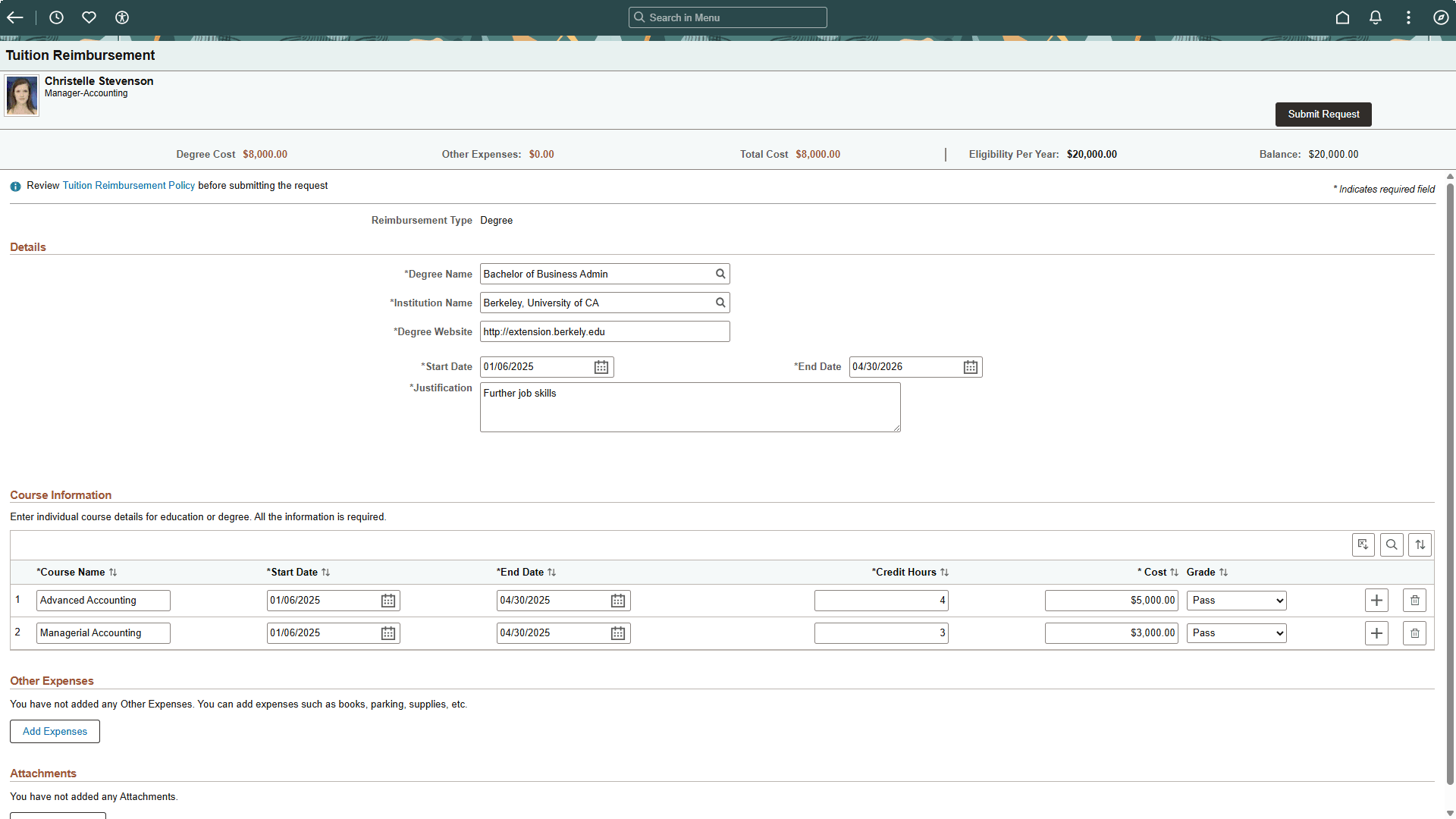 Tuition Reimbursement (Details) page for a request that lists multiple courses