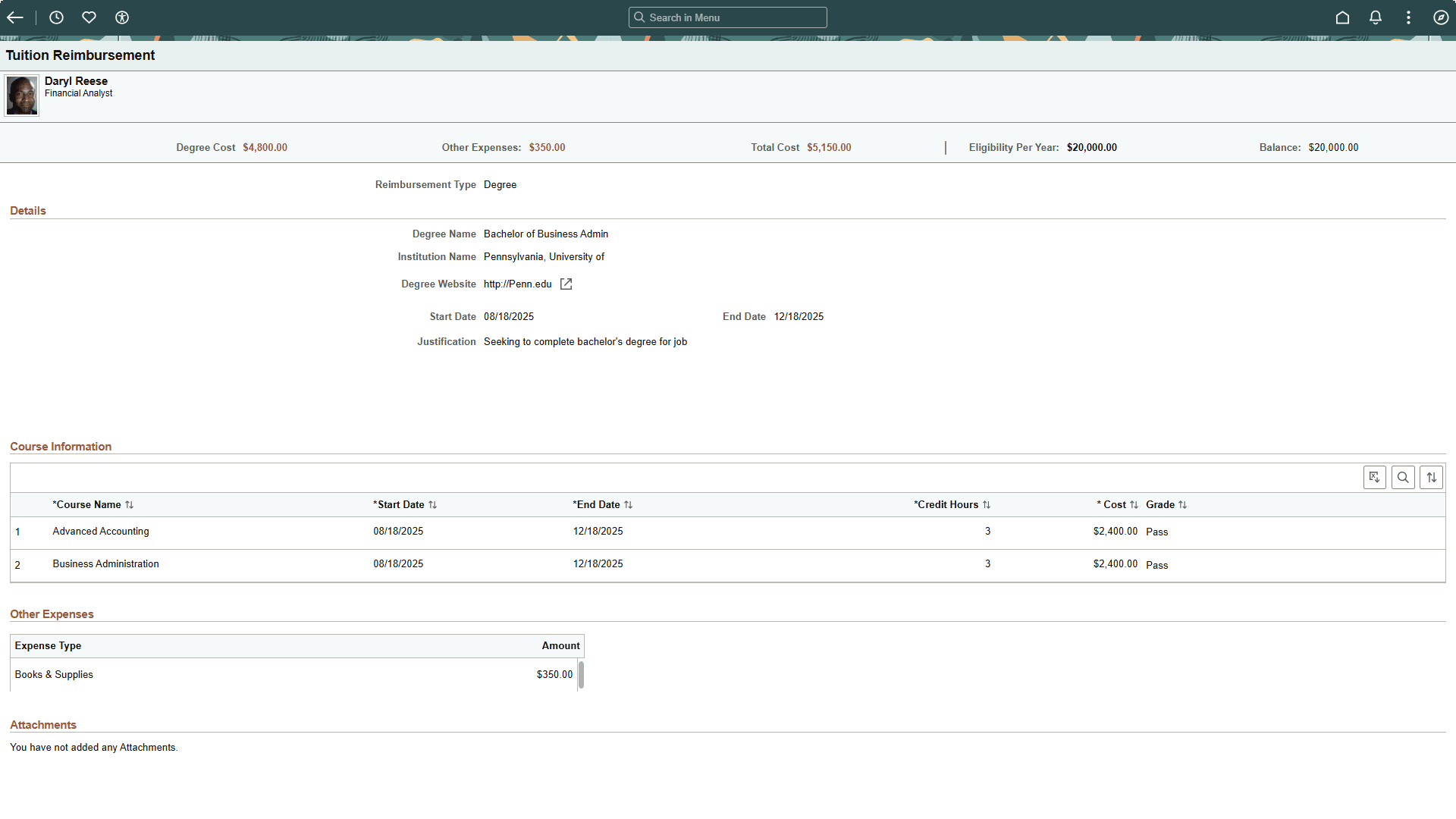 Tuition Reimbursement (View Summary) page