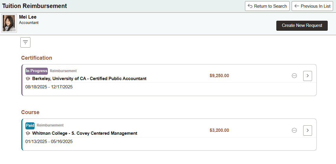 Tuition Reimbursement (landing) page for the administrator