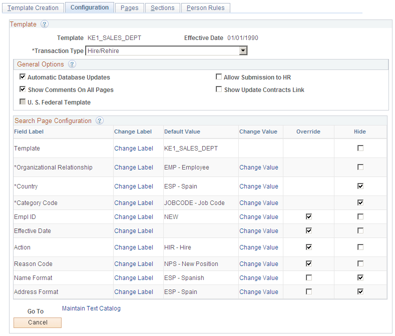 Template Creation - Configuration page