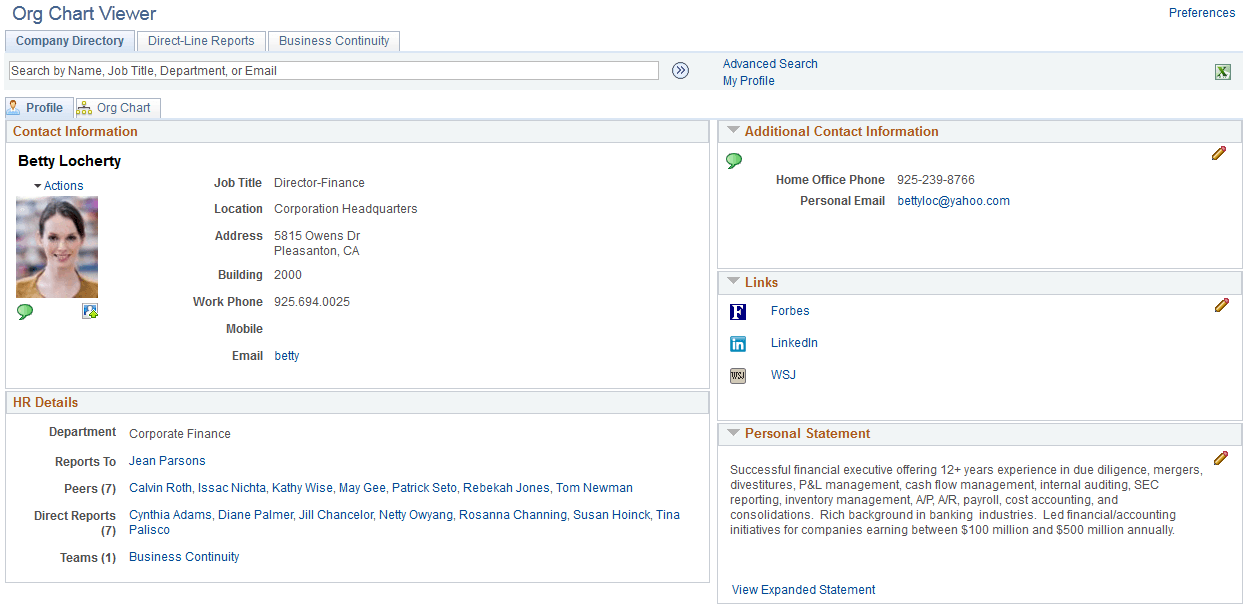 Profile page for the user