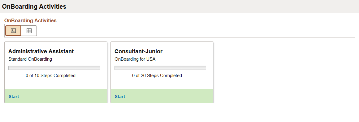 OnBoarding Activities page: card view