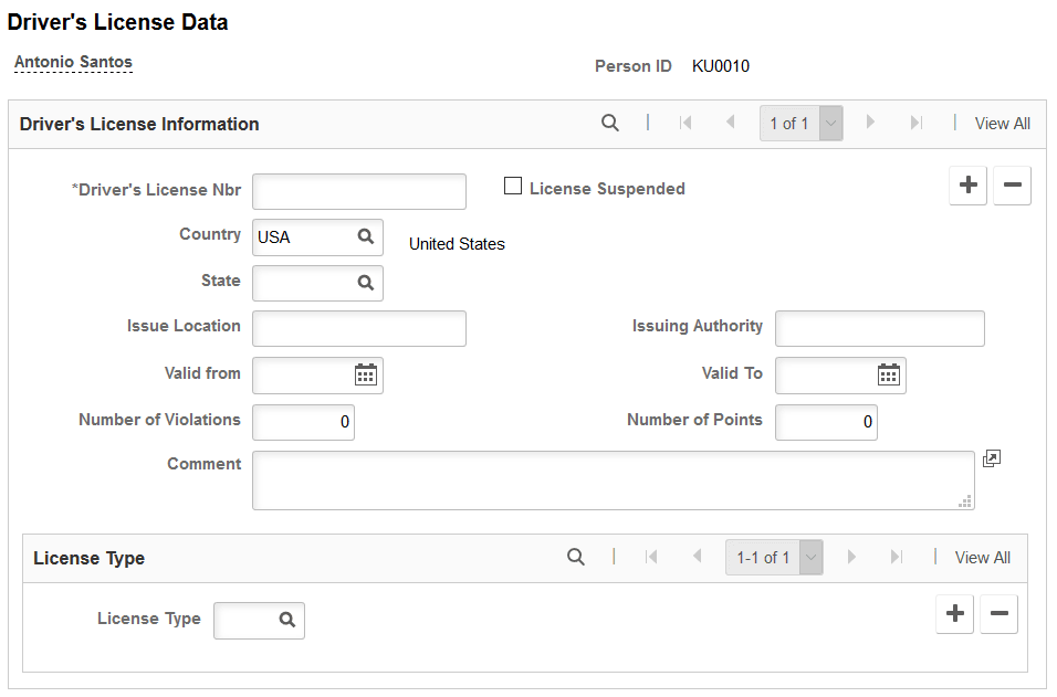 'Driver's License Data page
