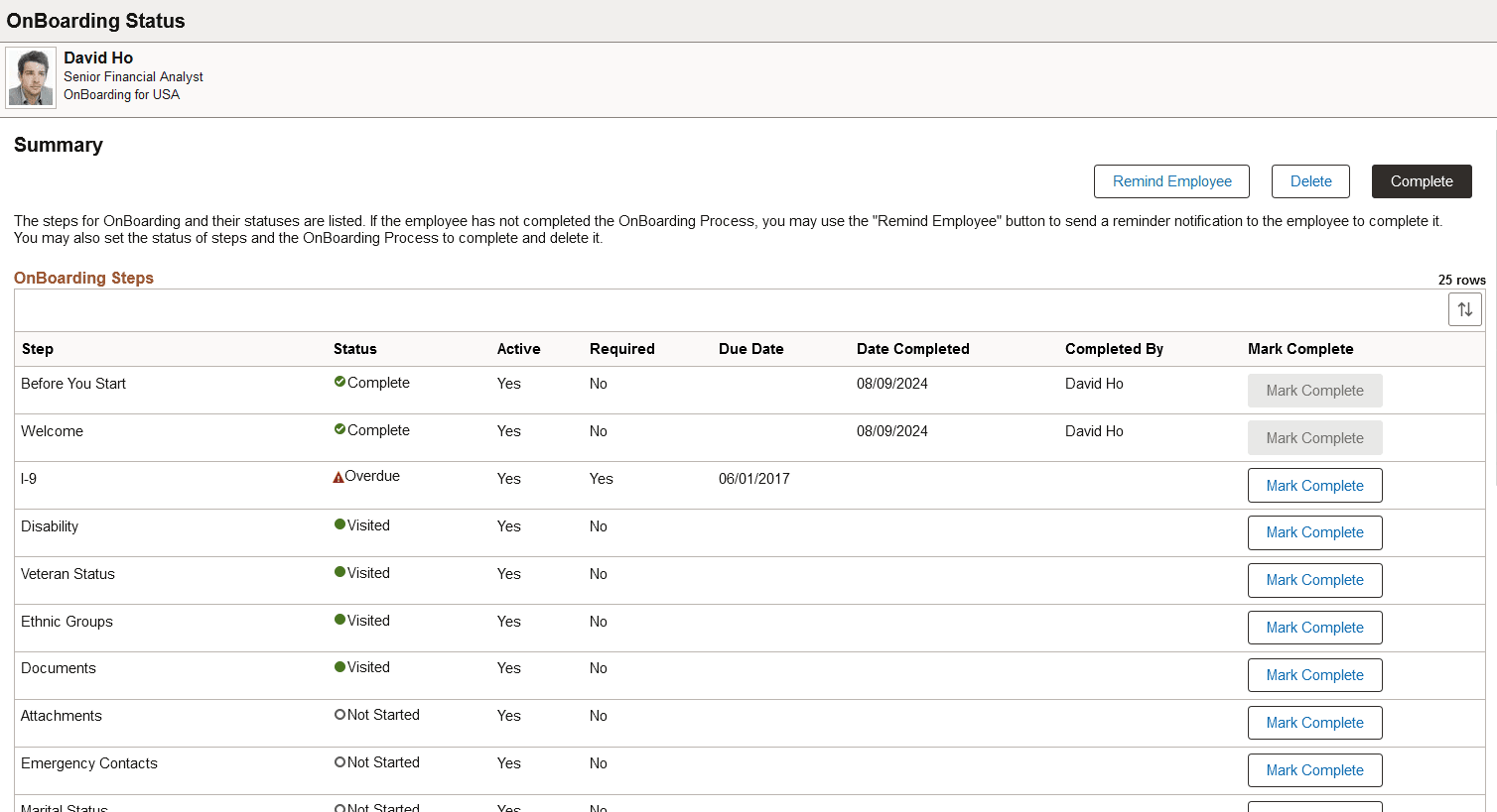 OnBoarding Status page for an administrator