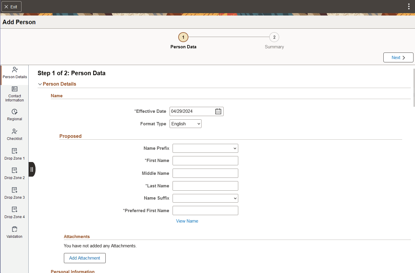 Person Data page layout