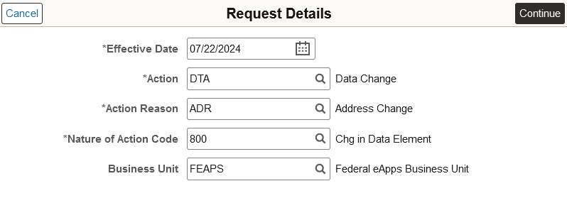 Personnel Actions USF - Request Details page from the Pending Approvals page