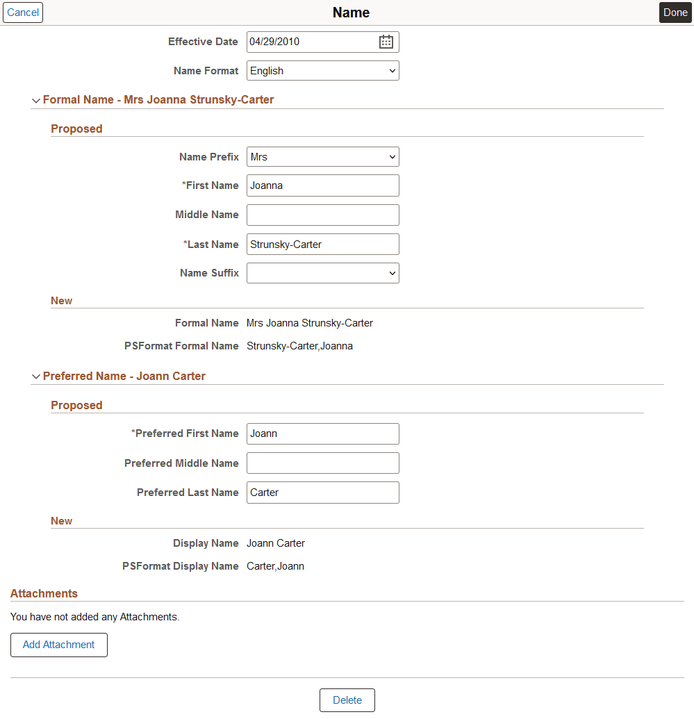 Name page when Use Formal and Display Name Groups is enabled