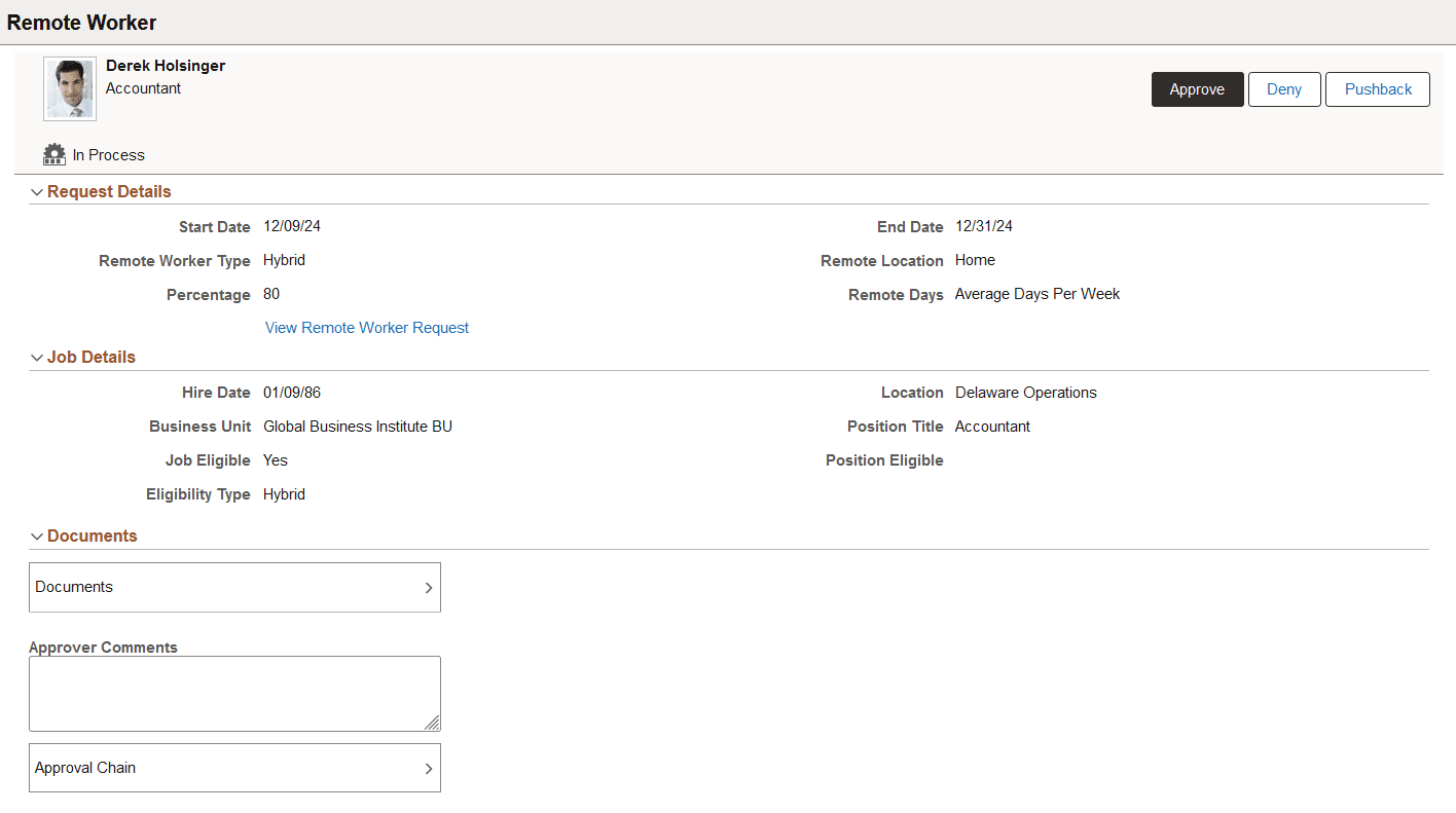 Pending Approvals - Remote Worker page showing the Remote Worker eligibility type