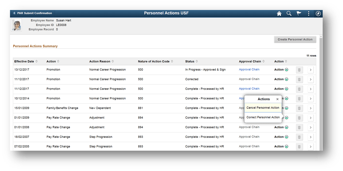 Create/View Personnel Actions page_Related Action button