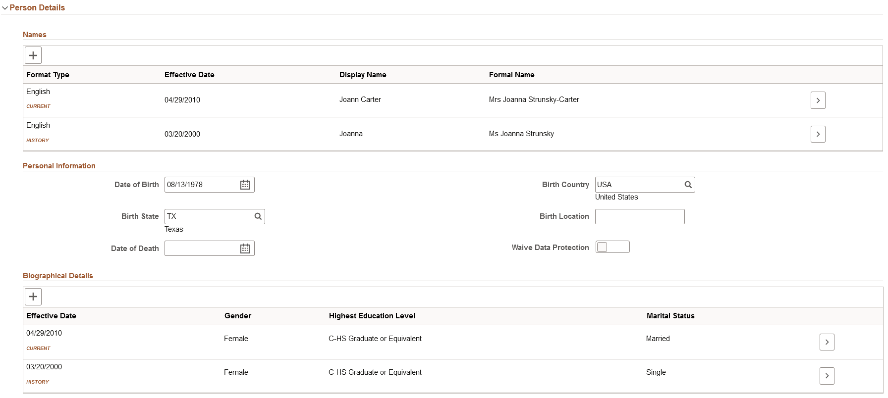 Person Details section in Modify Person