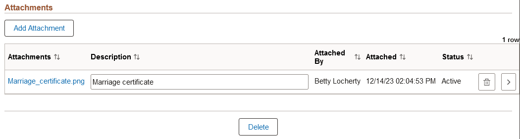 Name page, Attachment section when an attachment is added from the administrator