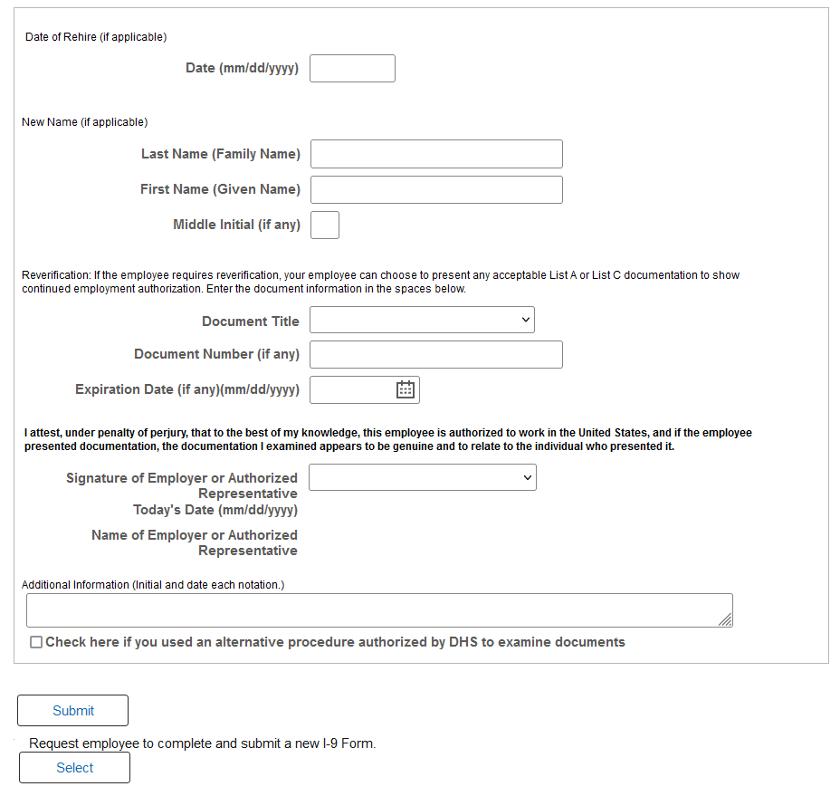 (Classic) Employment Eligibility Verification page, Supplement B, Reverification and Rehire (formerly Section 3) (2 of 2)