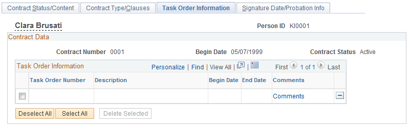Contract Data - Task Order Information page