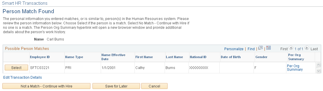 Smart HR Transaction - Person Match Found page