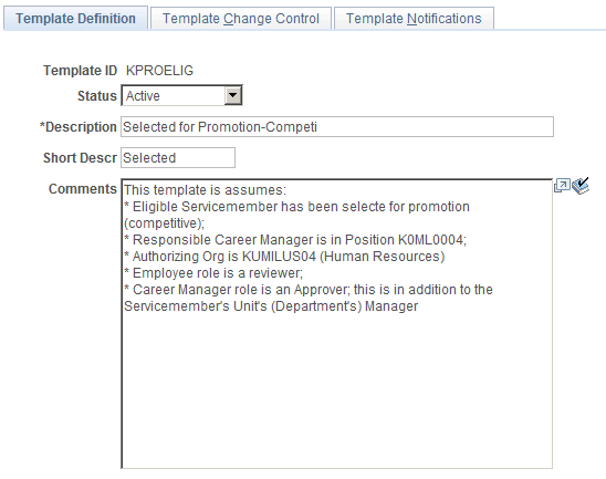Military Rank Change Template - Template Definition page