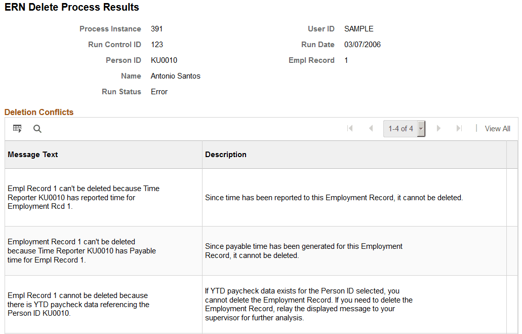 ERN Delete Process Results - Run Status - Error
