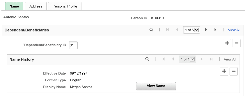 Dependent Information - Name page