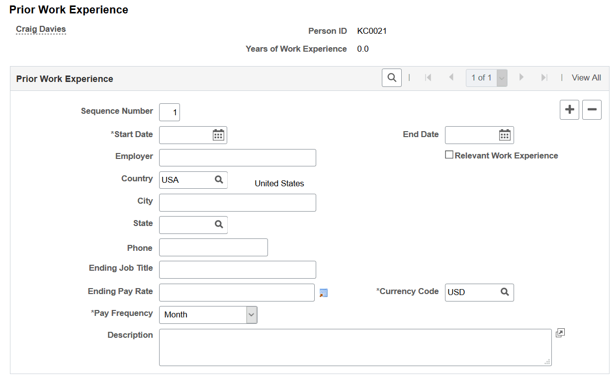Prior Work Experience page