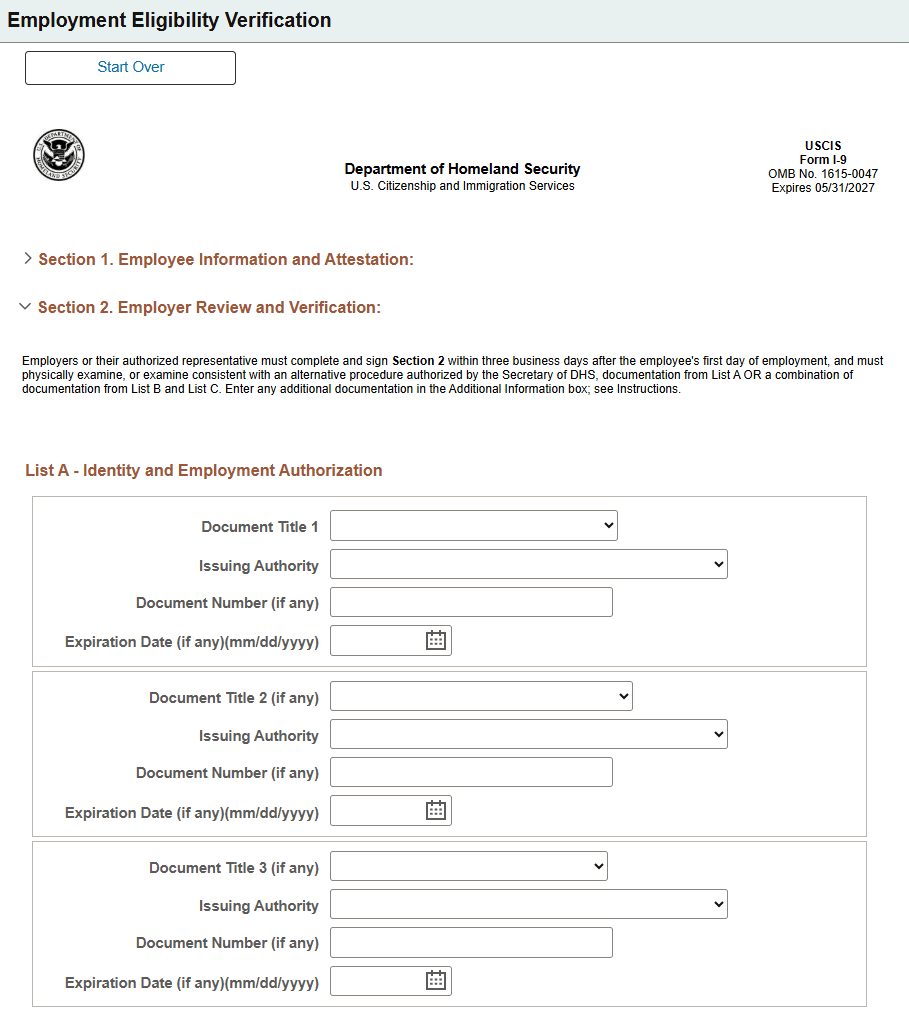 (Classic) Employment Eligibility Verification page, Section 2 (1 of 3)