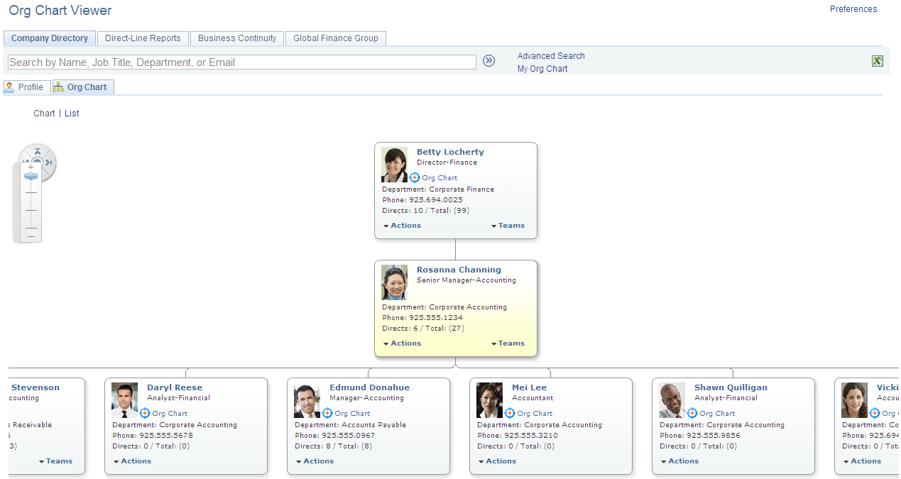 Example of the Org Chart Viewer component where the user has access to the Company Directory folder tab, Direct-Line Reports folder tab, and several team matrix folder tabs.