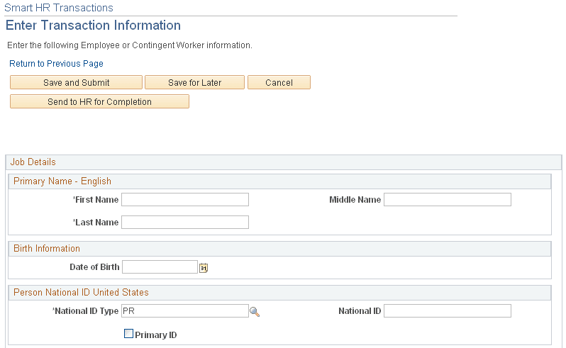 Example of the Enter Transaction Information page (1 of 2)