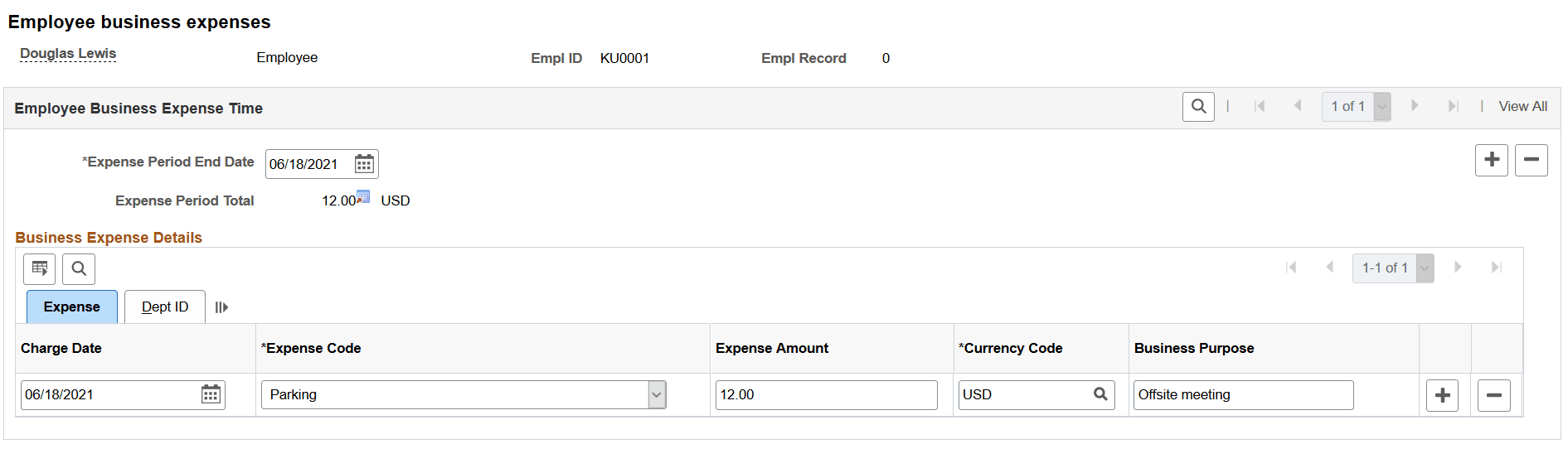 Employee business Expenses page - Expense tab