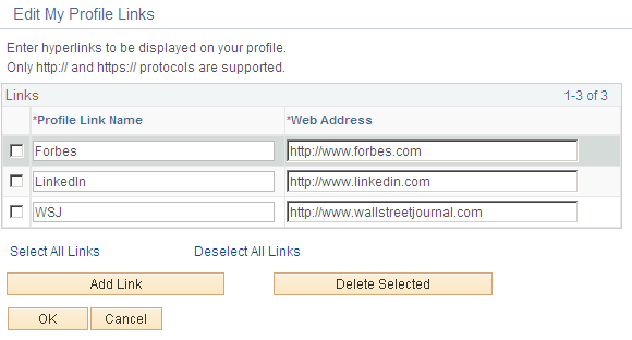 Edit My Profile Links page