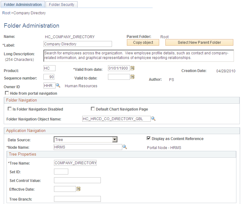 Folder Administration page for the Company Directory