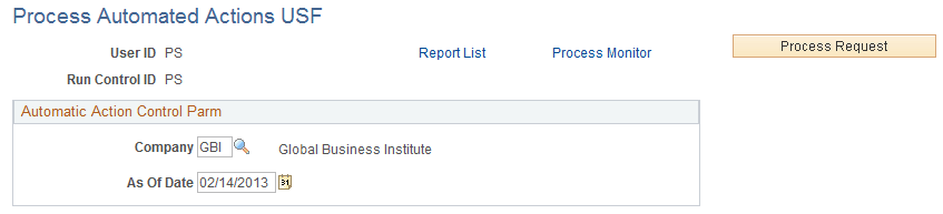 Process Automated Actions USF page