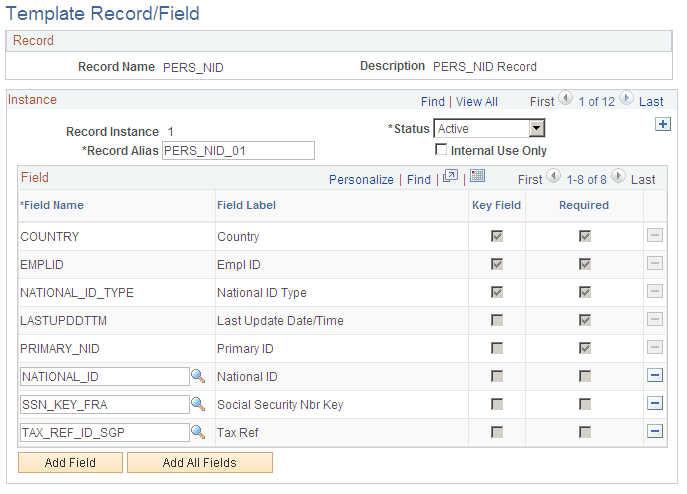 Template Record/Field page