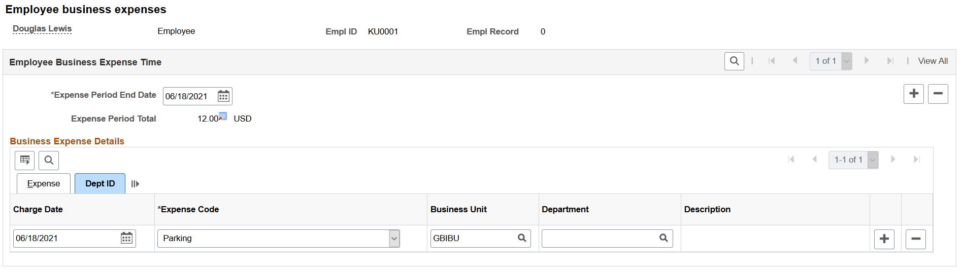Business Expenses page - Dept ID tab