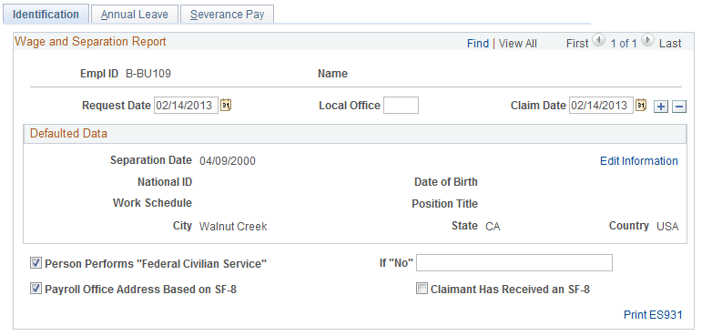 Setup Wage/Separation USF - Identification page