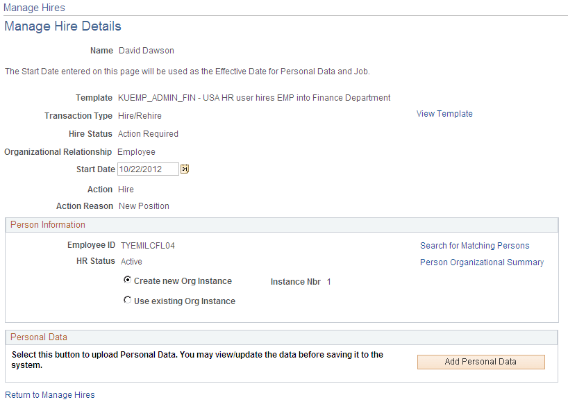 Manage Hire Details page