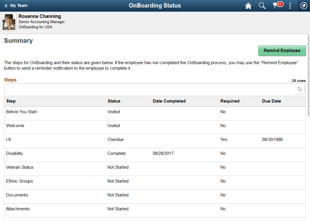 OnBoarding Status page